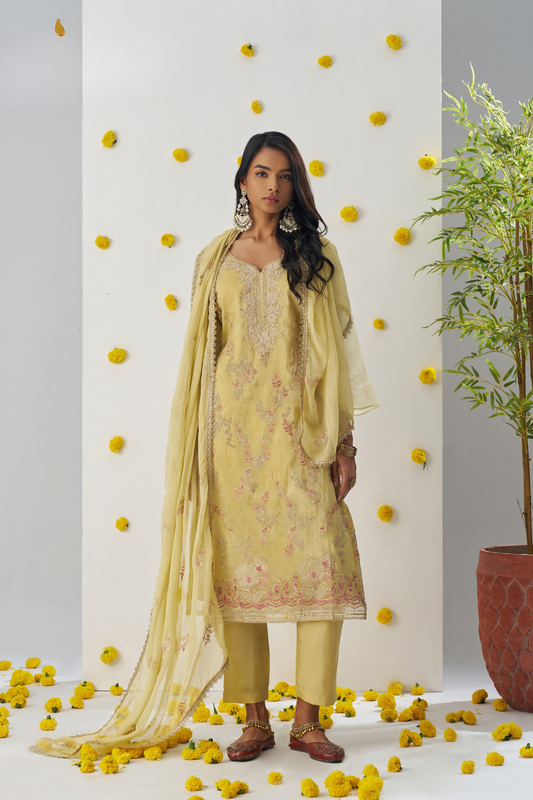 Festive Yellow Thread Embroidered Pant Suit in Organza Silk