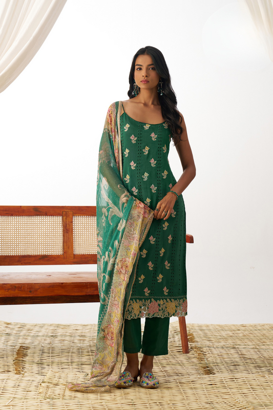 Green Organza Embroidered Kurta-Style Salwar Suit