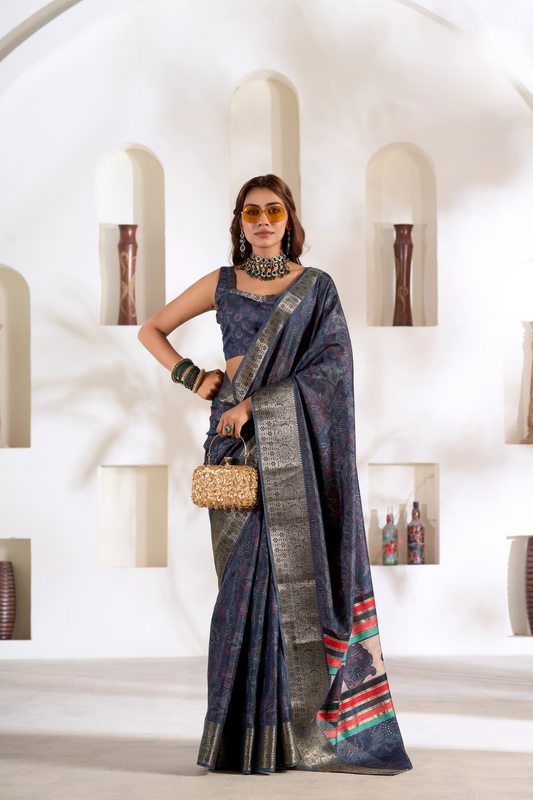 Soft Dola Silk Saree with Foil Print & Dusty Tone Matching - LaVante Fashion