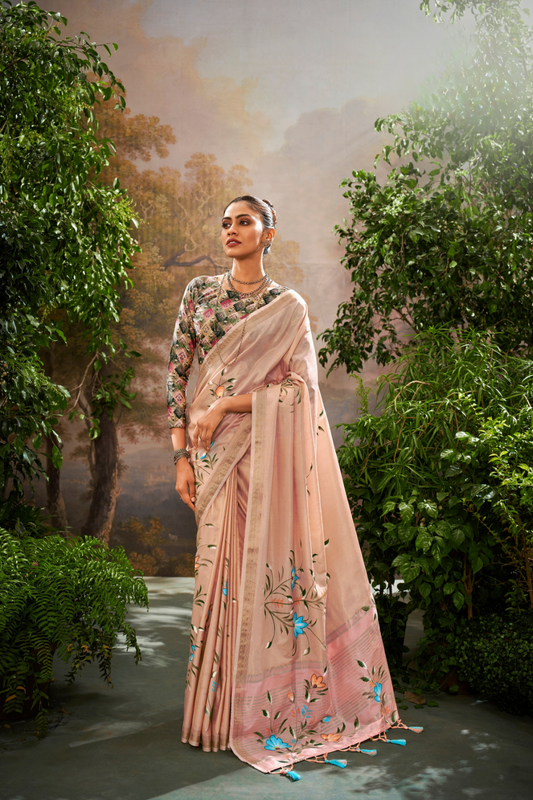 Soft Linen Tissue Silk Saree with Hand Brush Print & Kalamkari Blouse - LaVante Fashion