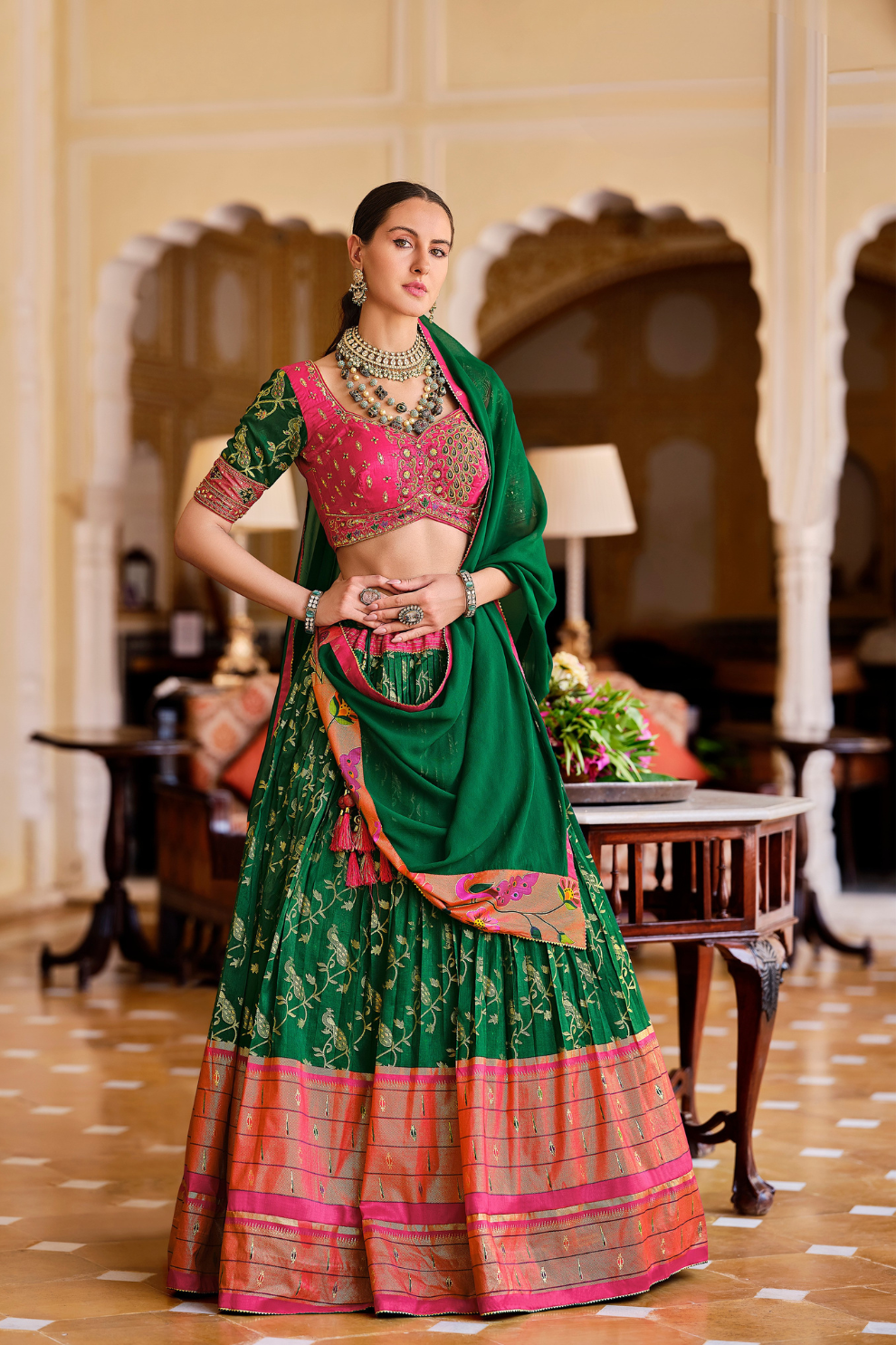 Green Printed Silk Readymade Lehenga Choli - LaVante Fashion