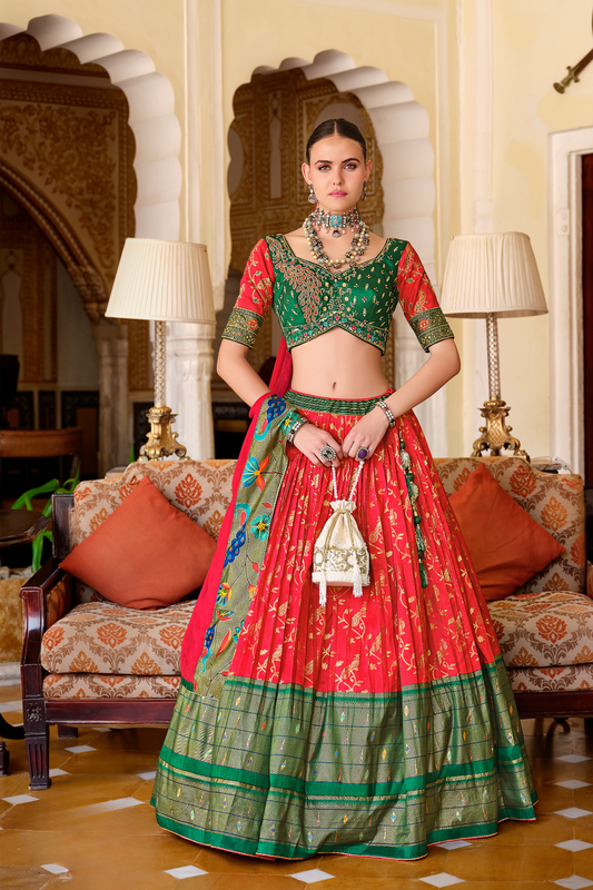 Red Printed Silk Readymade Lehenga Choli - LaVante Fashion