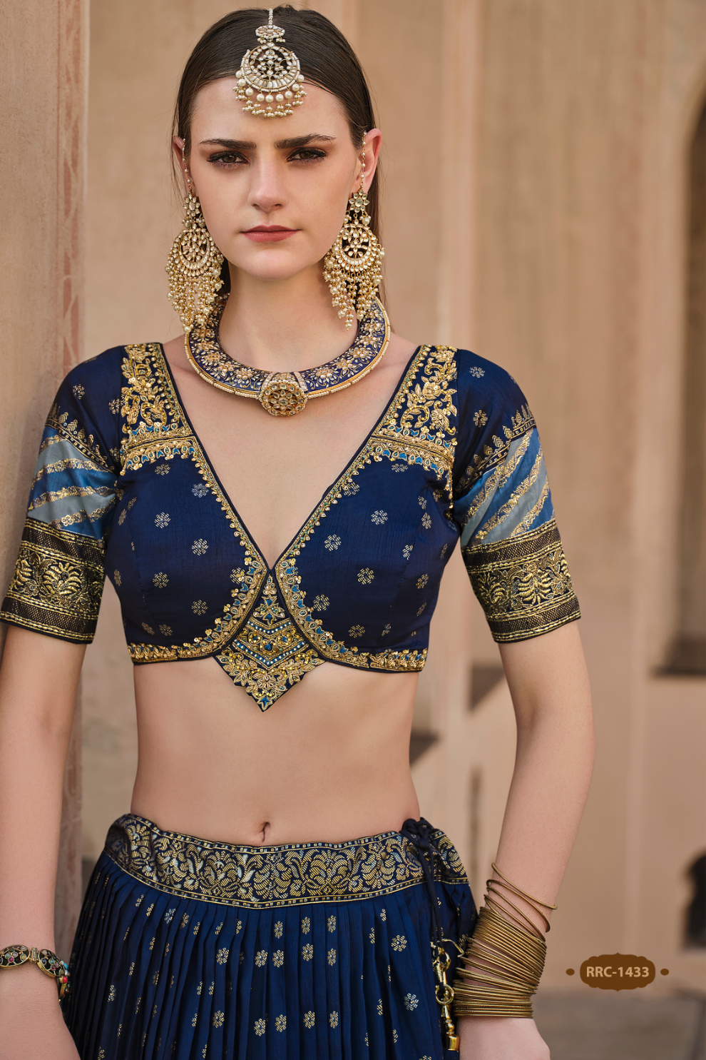 Navy Blue Printed Silk Readymade Lehenga Choli - LaVante Fashion