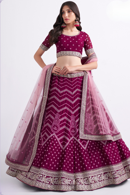 Magenta Silky Georgette Bridal Lehenga With Bandhani Style