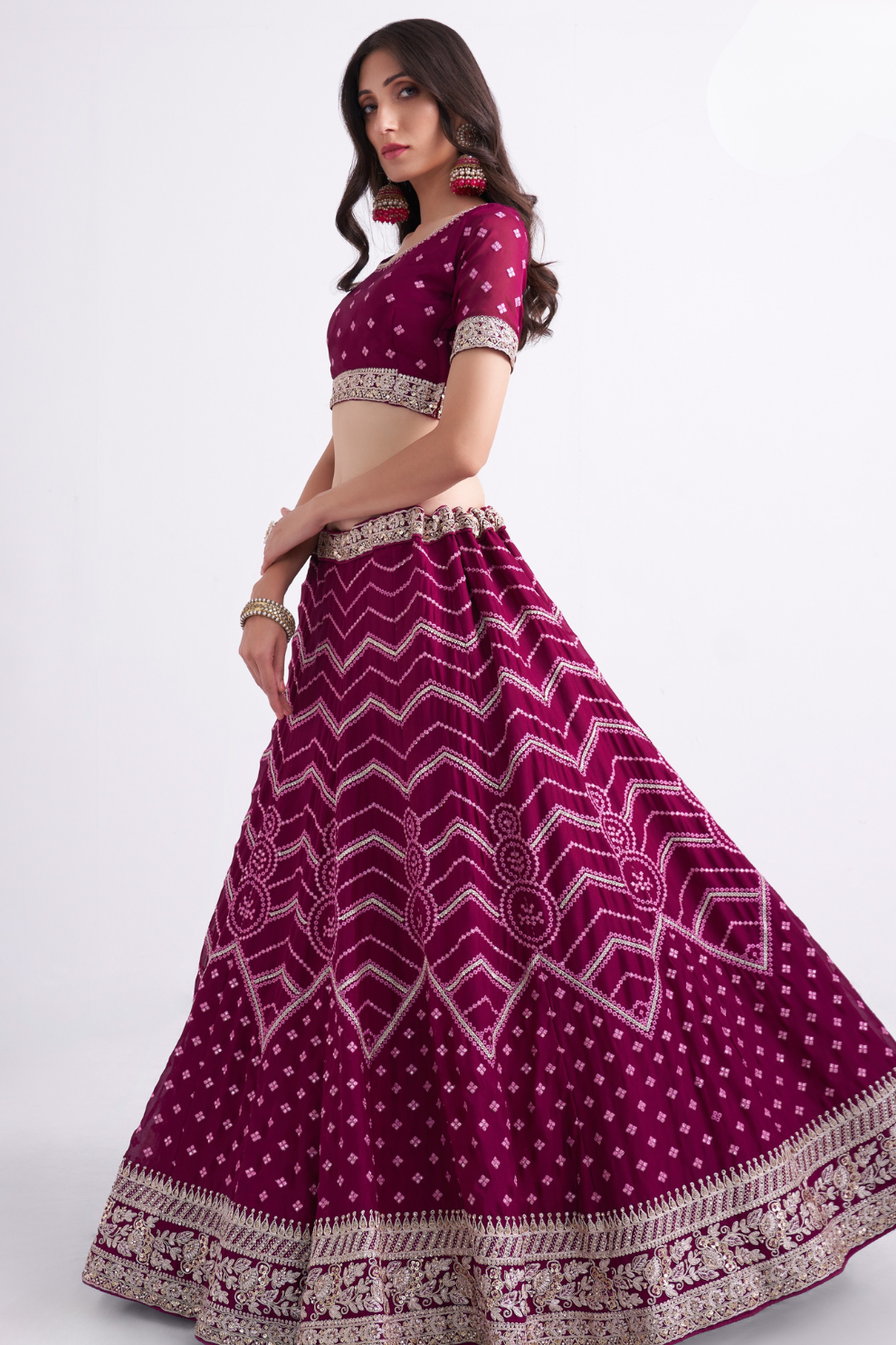 Magenta Silky Georgette Bridal Lehenga With Bandhani Style