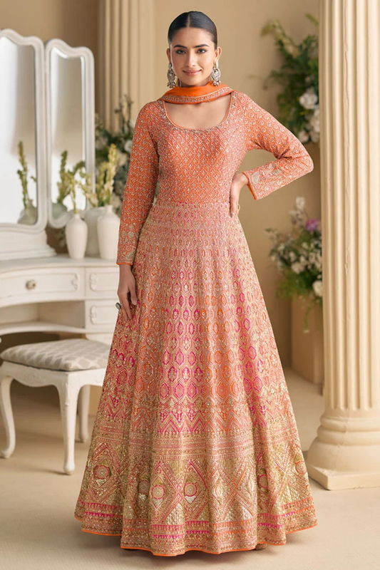 Orange Georgette Embroidered Sequins Anarkali Suit