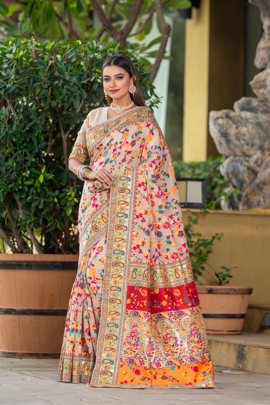 Premium Floral Banarasi Saree with Pashmina Silk Look