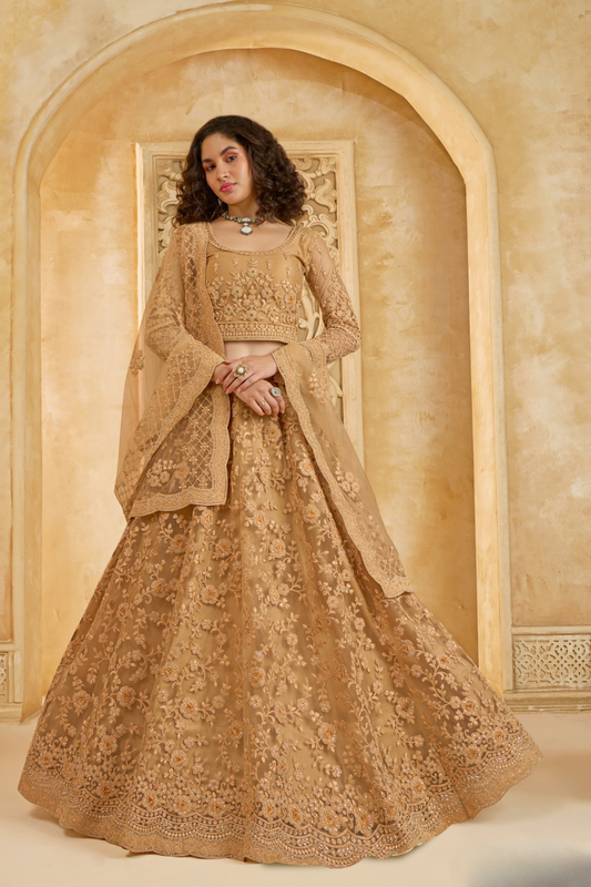 Festive Golden Lehenga Choli Set With Heavy Threadwork
