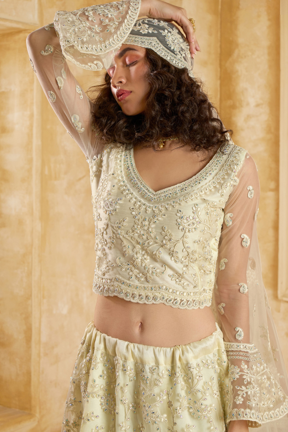 Graceful Cream Net Lehenga Choli For Weddings And Parties