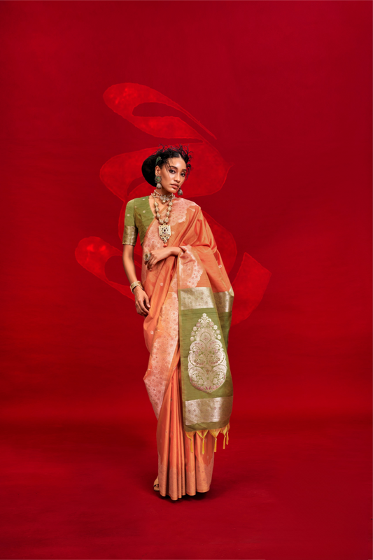 Tussar Silk Handloom Saree with Contrast Ikkat Pallu & Blouse