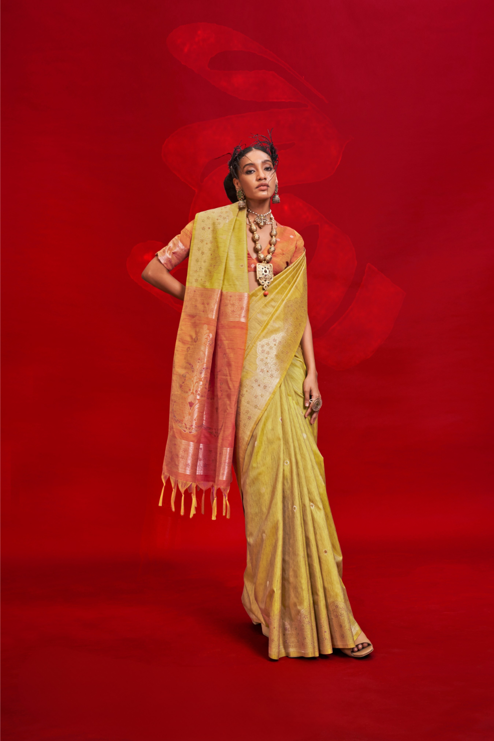 Tussar Silk Handloom Saree with Contrast Ikkat Pallu & Blouse