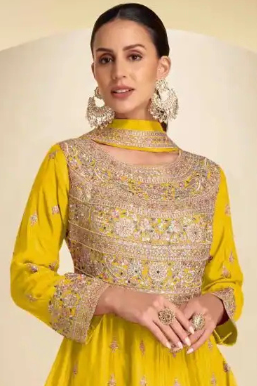 Yellow Real Chinnon Embroidered Silk Anarkali Suit
