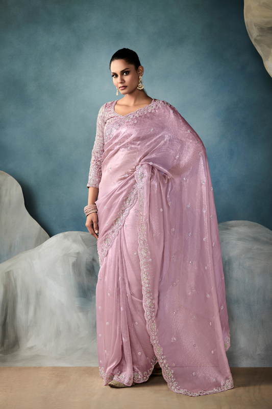 Tissue Saree with Handwork Detailing and Designer Cut Work Border
