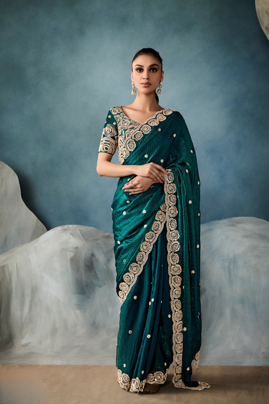 Tissue Saree with Handwork Detailing and Designer Cut Work Border