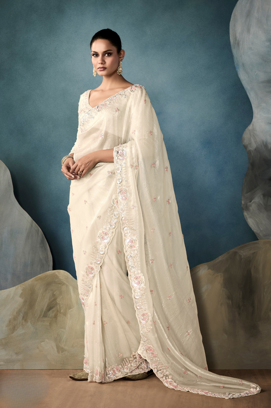 Tissue Saree with Handwork Detailing and Designer Cut Work Border