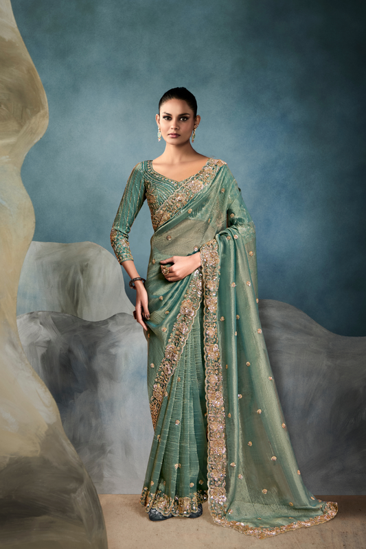 Tissue Saree with Handwork Detailing and Designer Cut Work Border