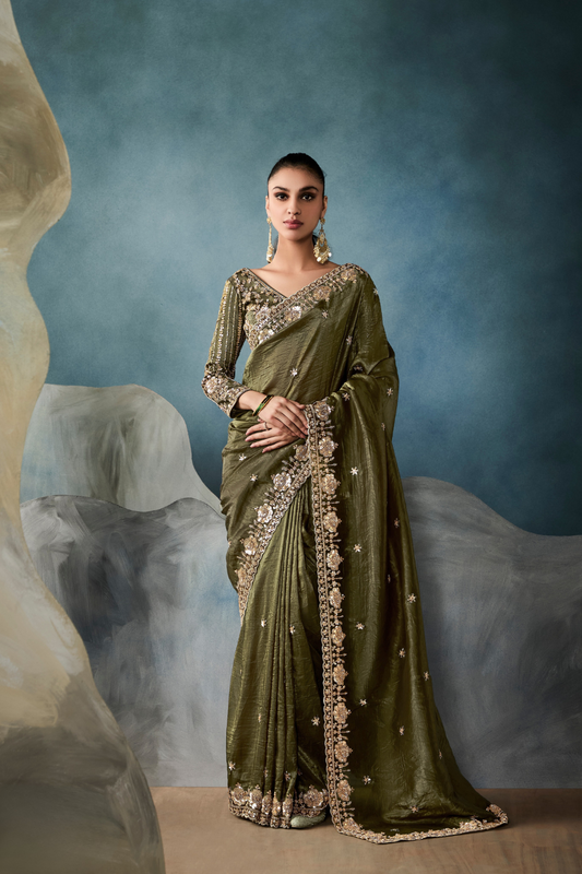 Tissue Saree with Handwork Detailing and Designer Cut Work Border