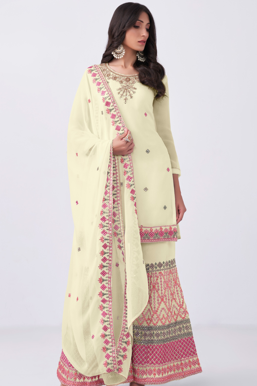 Elegant Peach Thread Embroidered Sharara Suit in Georgette