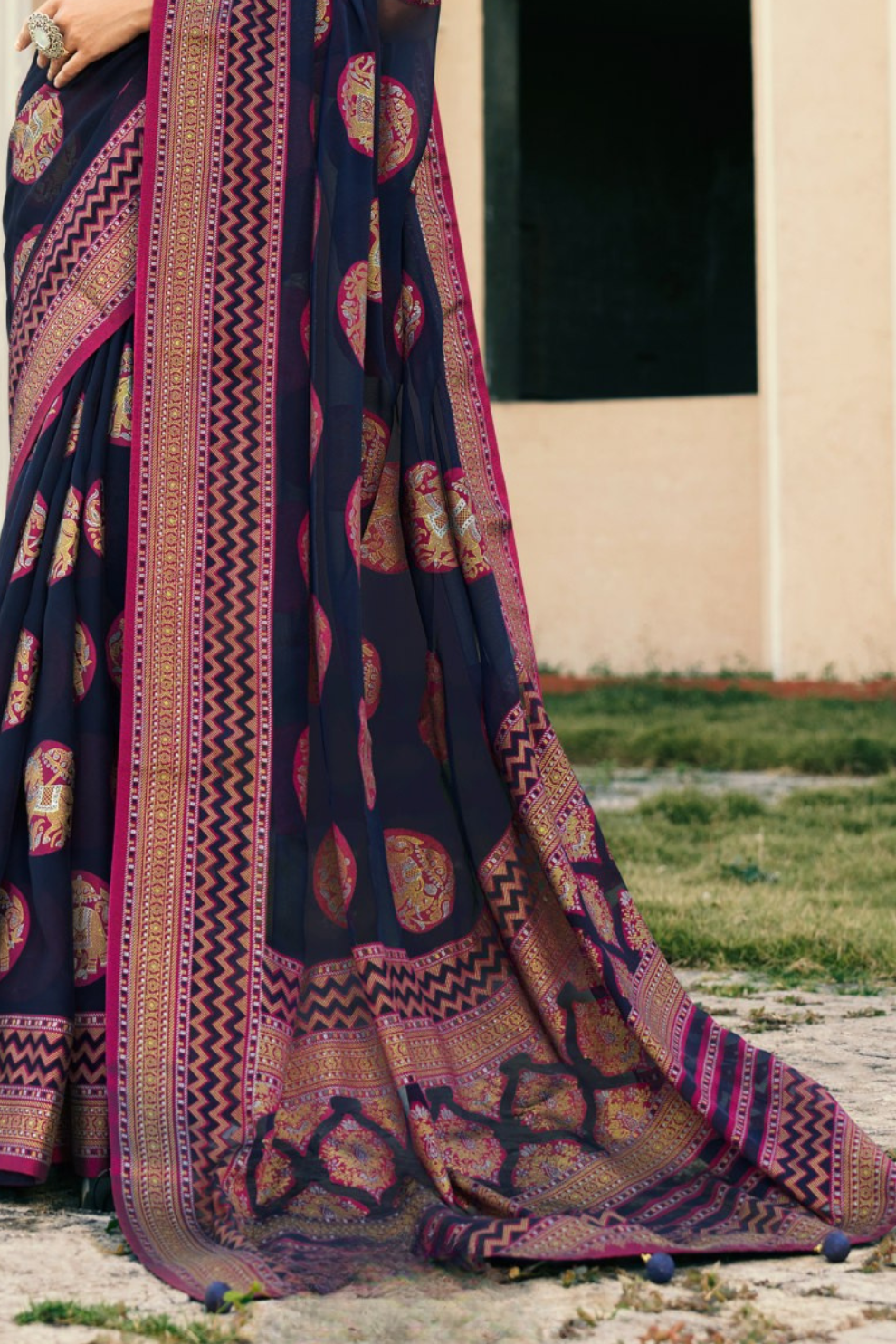 Polyester Viscose Georgette Saree With Luxuriously Soft Varnish Touch