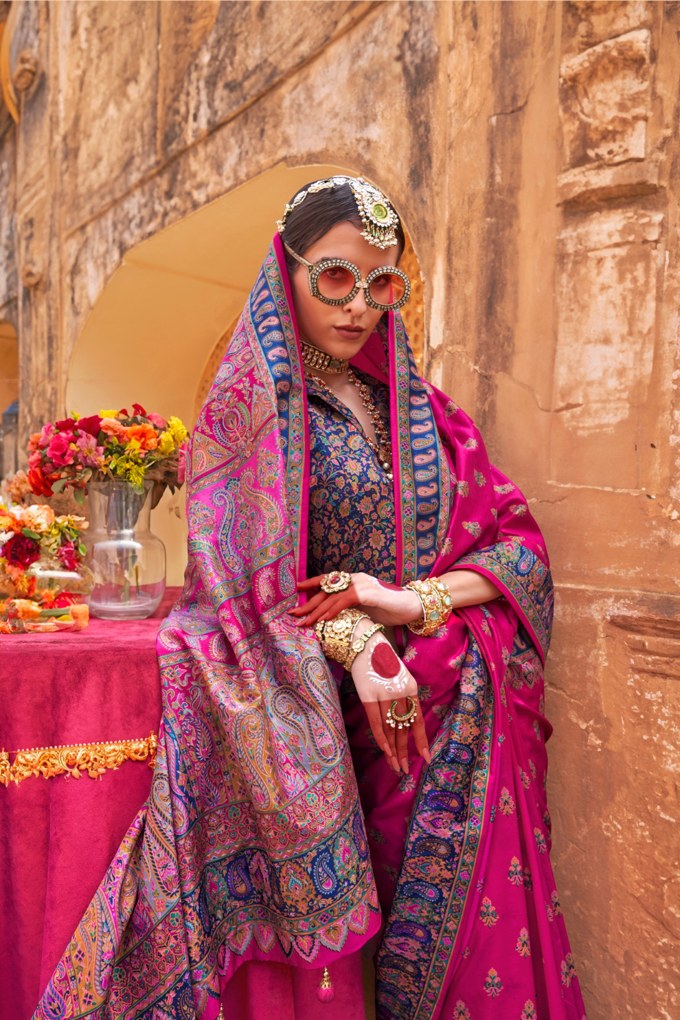 Soft Silk Banarasi Saree with Butta & Pashmina Print