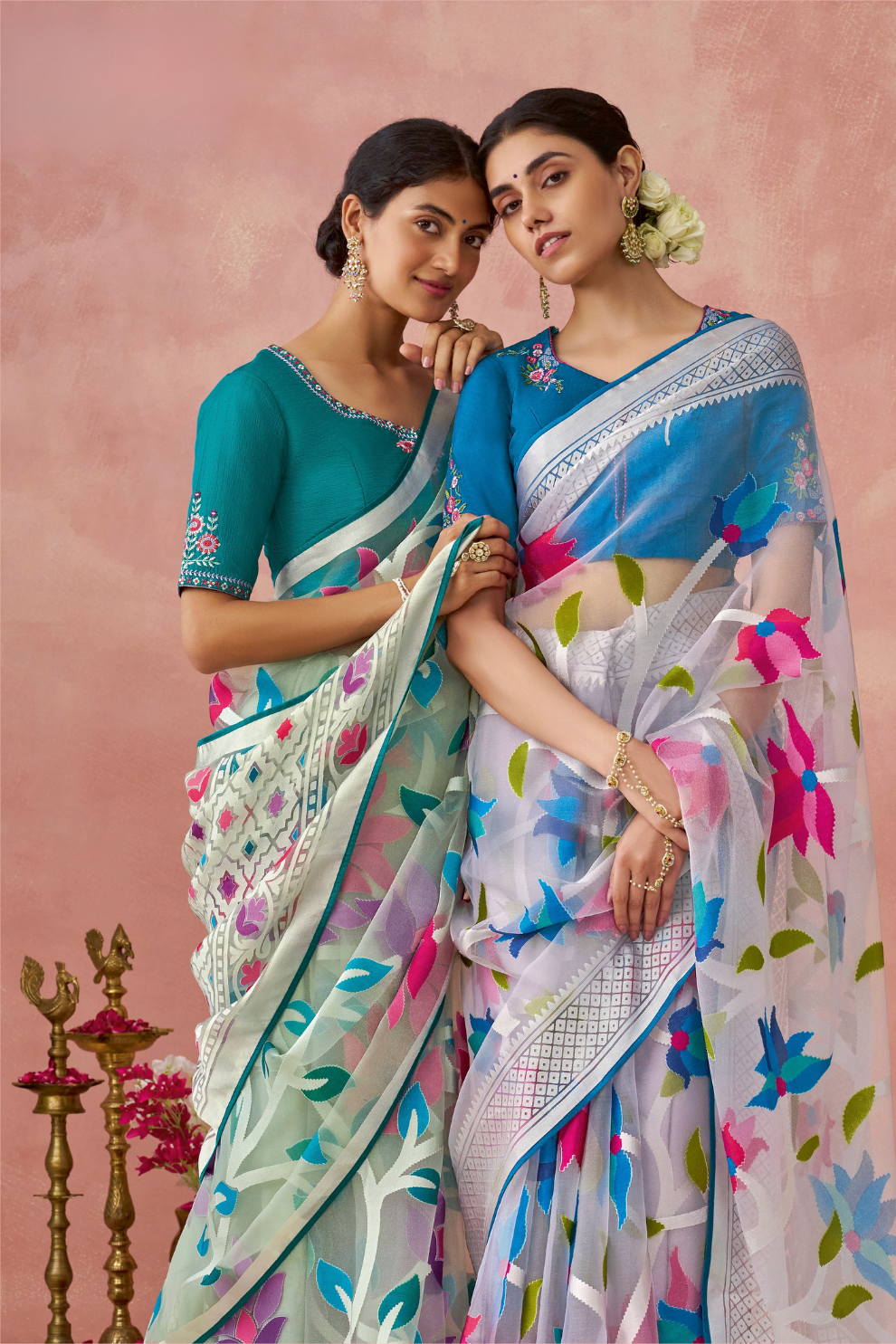Brasso Teal Printed Saree for Elegant Festive Wear