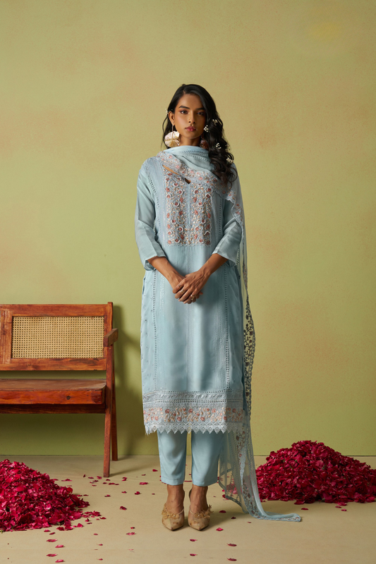 Traditional Indian Style Sky Blue Pant Suit with Embroidery