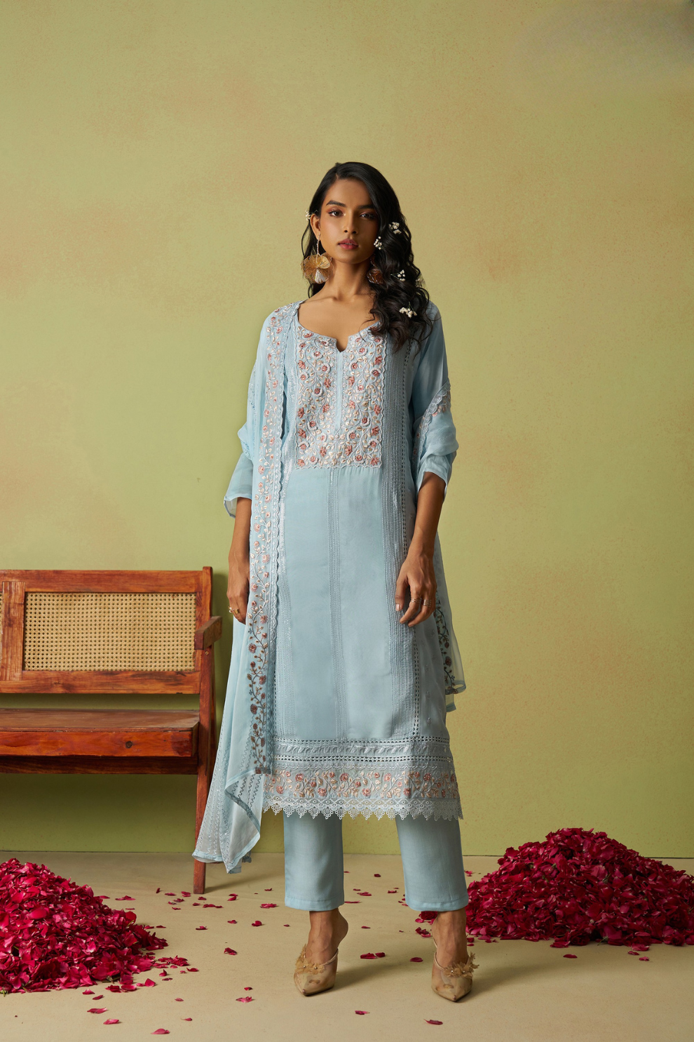 Traditional Indian Style Sky Blue Pant Suit with Embroidery