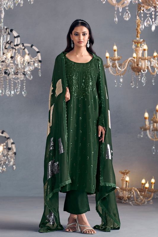 Green Russian Silk Designer Salwar Suit with Tonal Embroidery Elegance