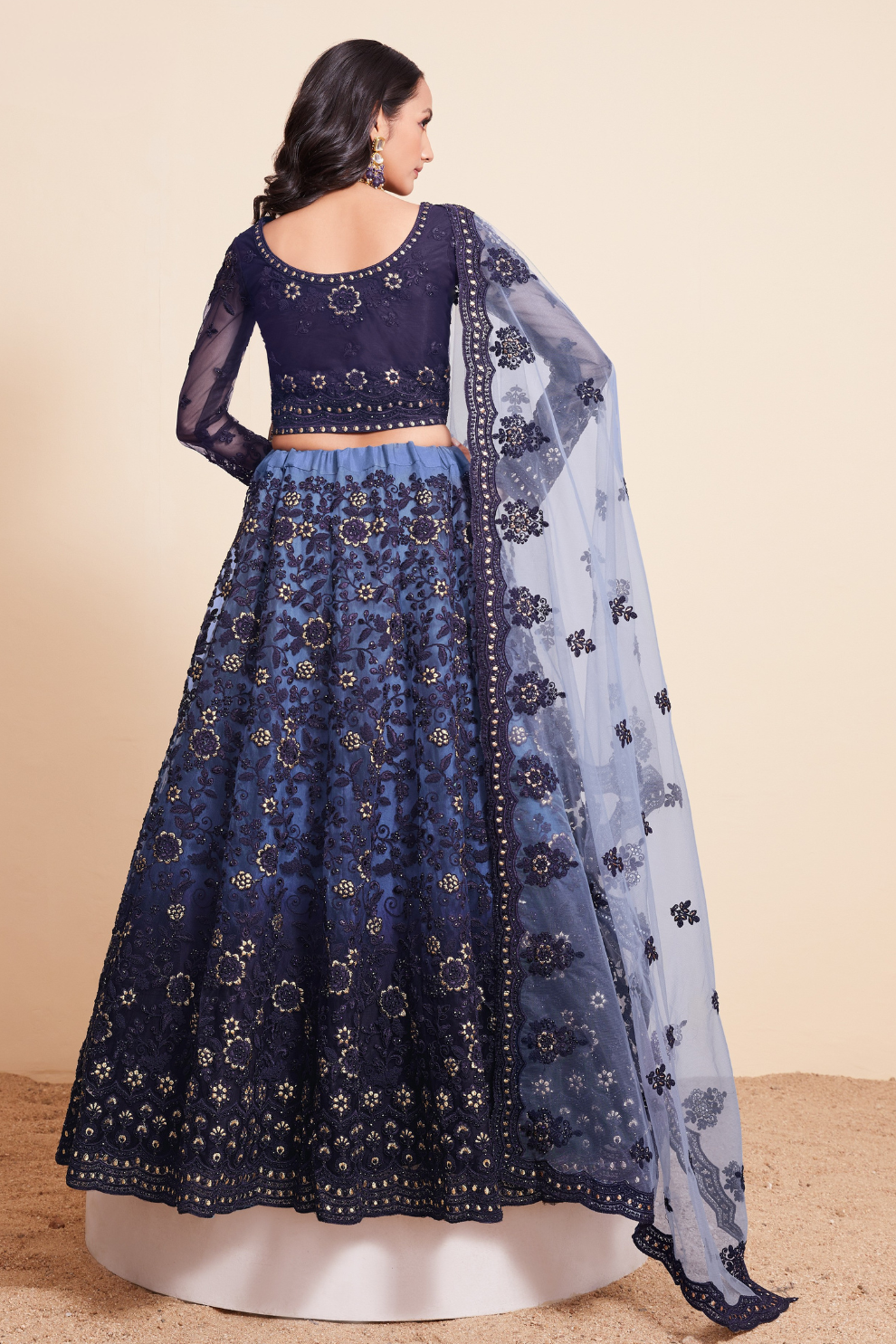 Designer Navy Blue Lehenga Choli In Net With Dazzling Stone Work