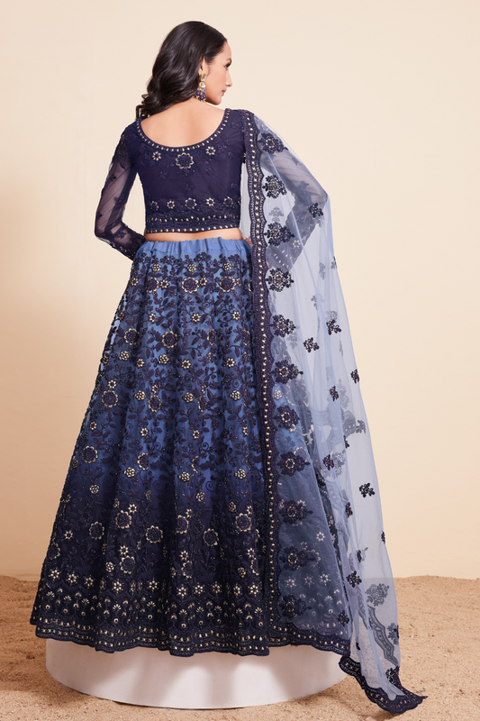 Designer Navy Blue Lehenga Choli In Net With Dazzling Stone Work