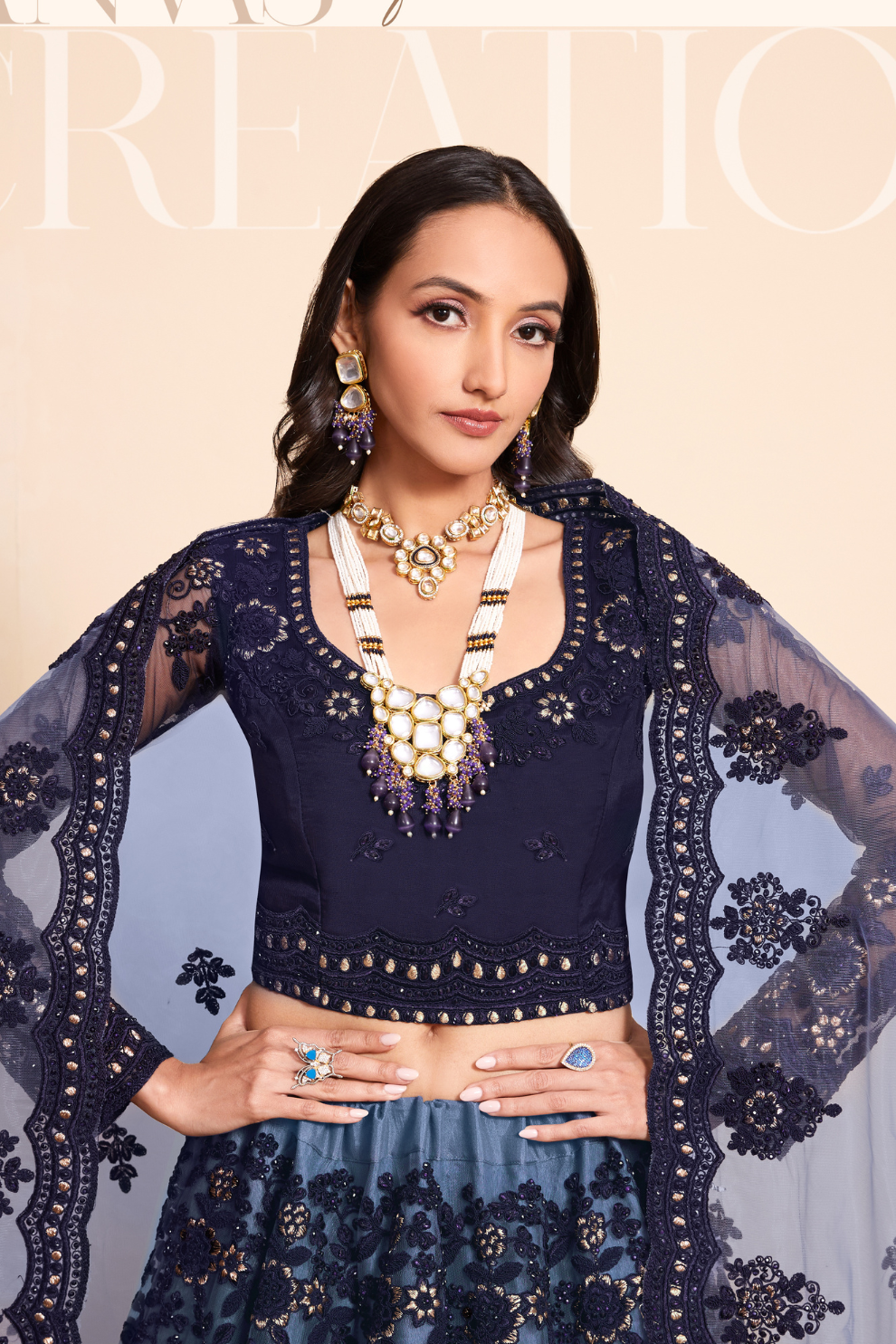 Designer Navy Blue Lehenga Choli In Net With Dazzling Stone Work