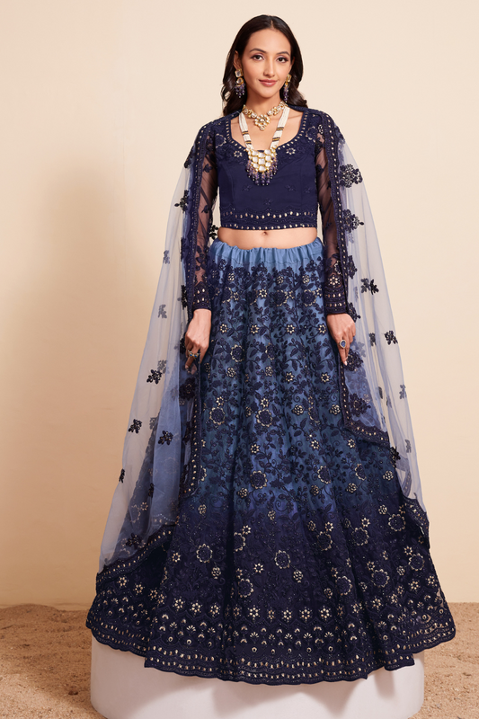 Designer Navy Blue Lehenga Choli In Net With Dazzling Stone Work