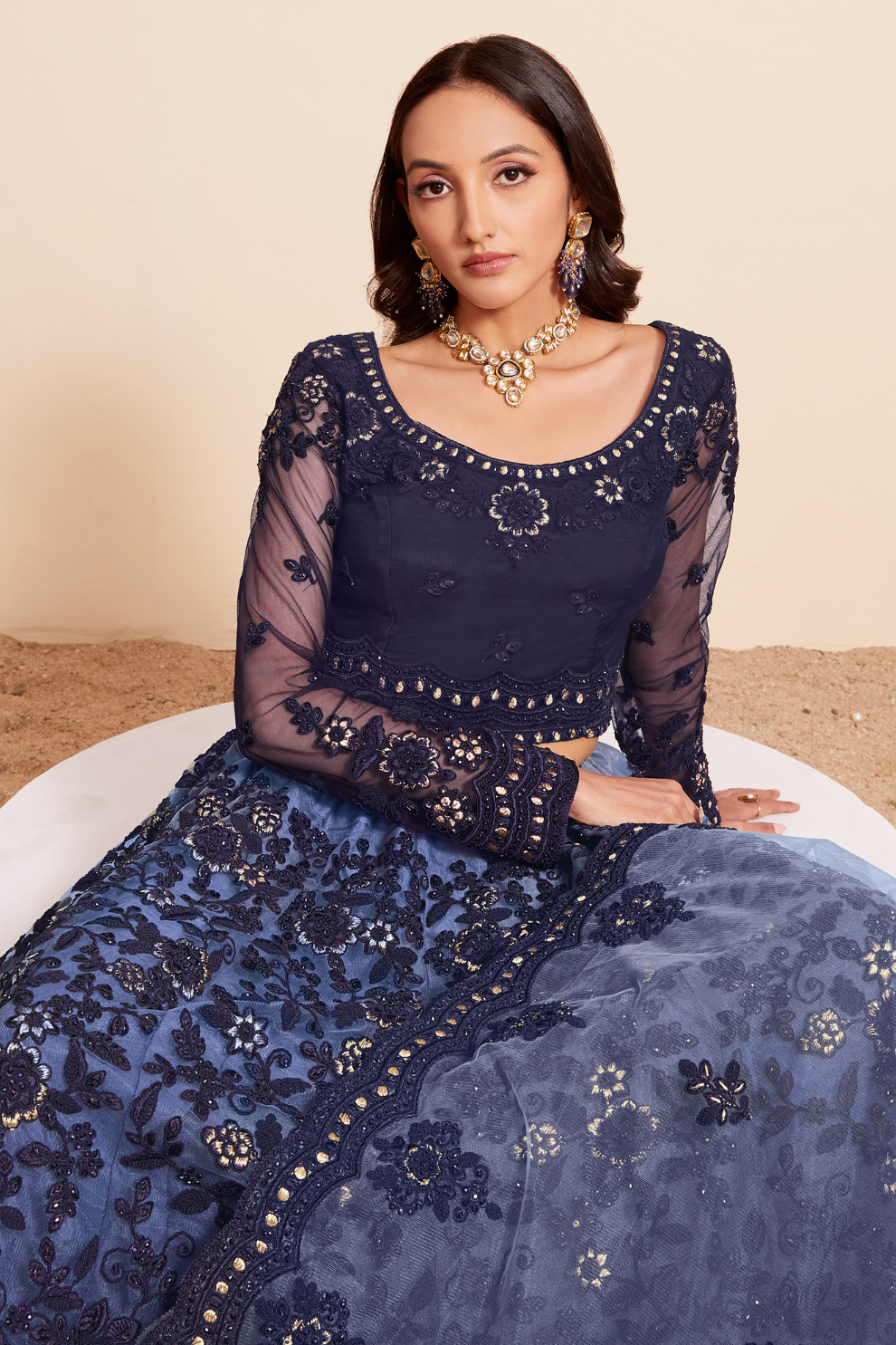 Designer Navy Blue Lehenga Choli In Net With Dazzling Stone Work
