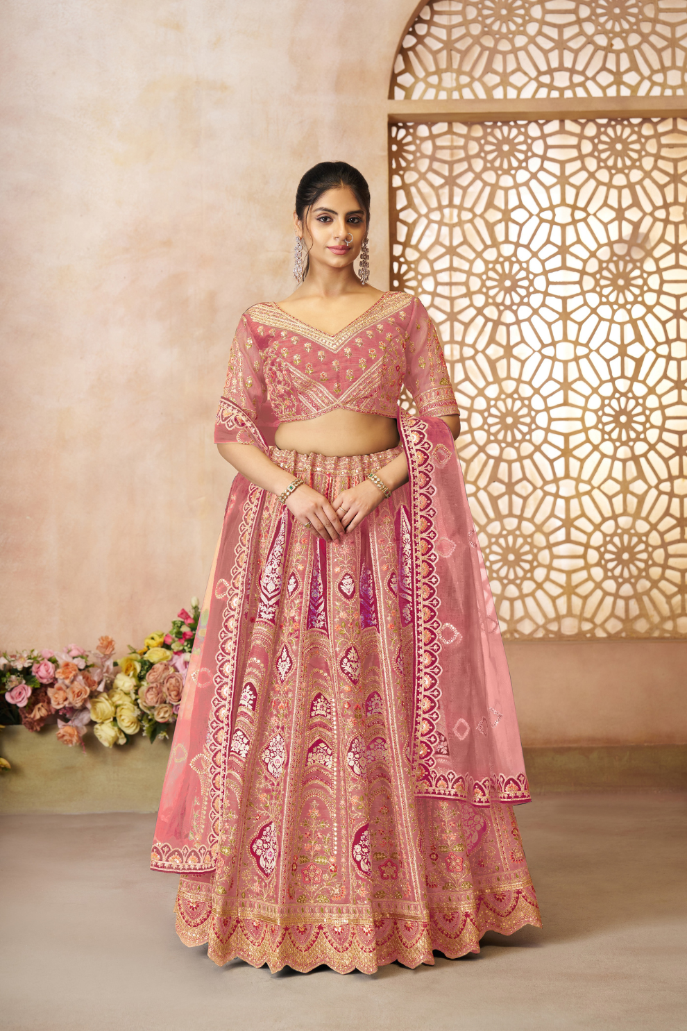 Elegant Wedding Lehenga with Floral Aari Embroidery & Banarasi Accents
