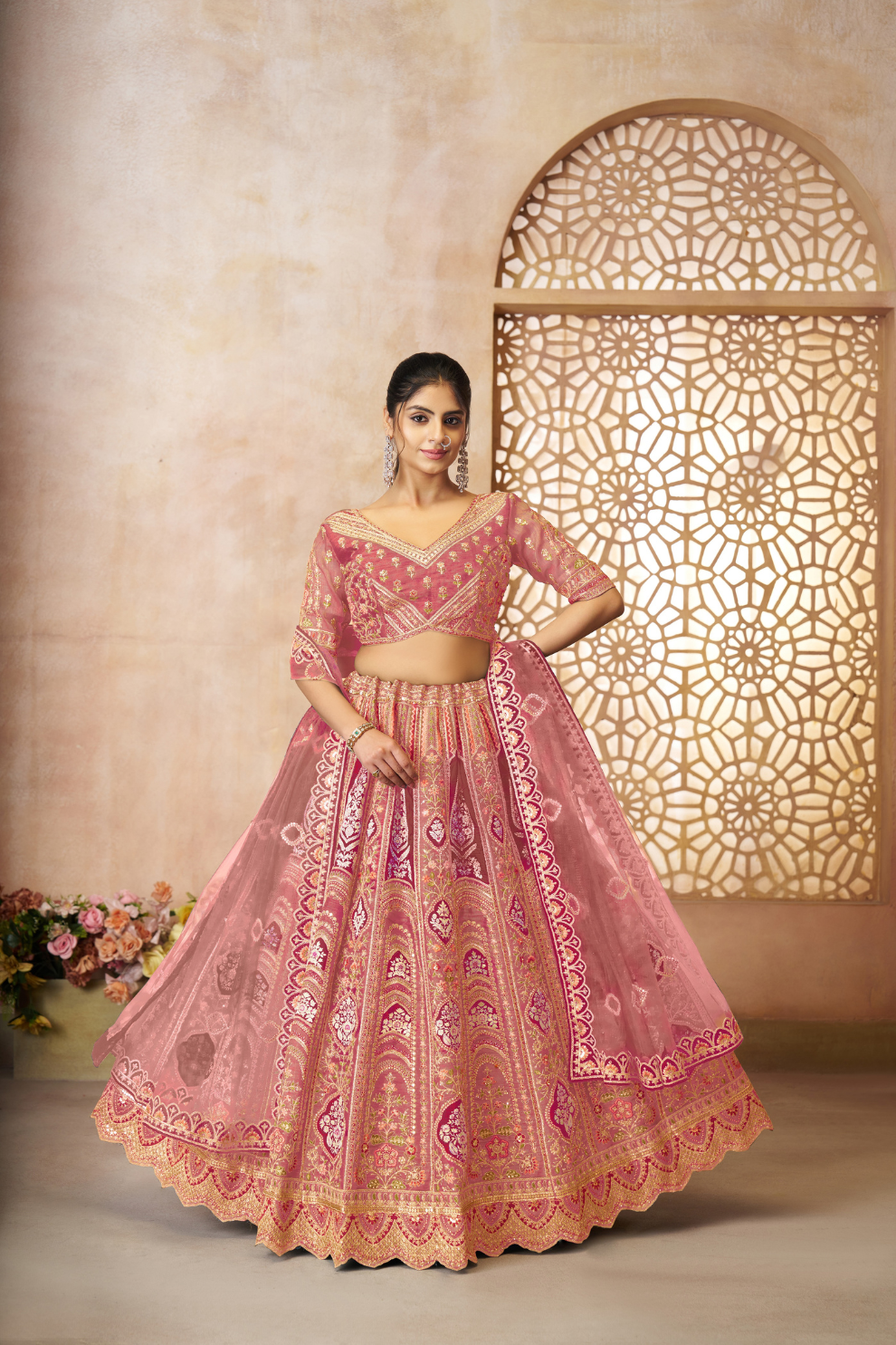 Elegant Wedding Lehenga with Floral Aari Embroidery & Banarasi Accents