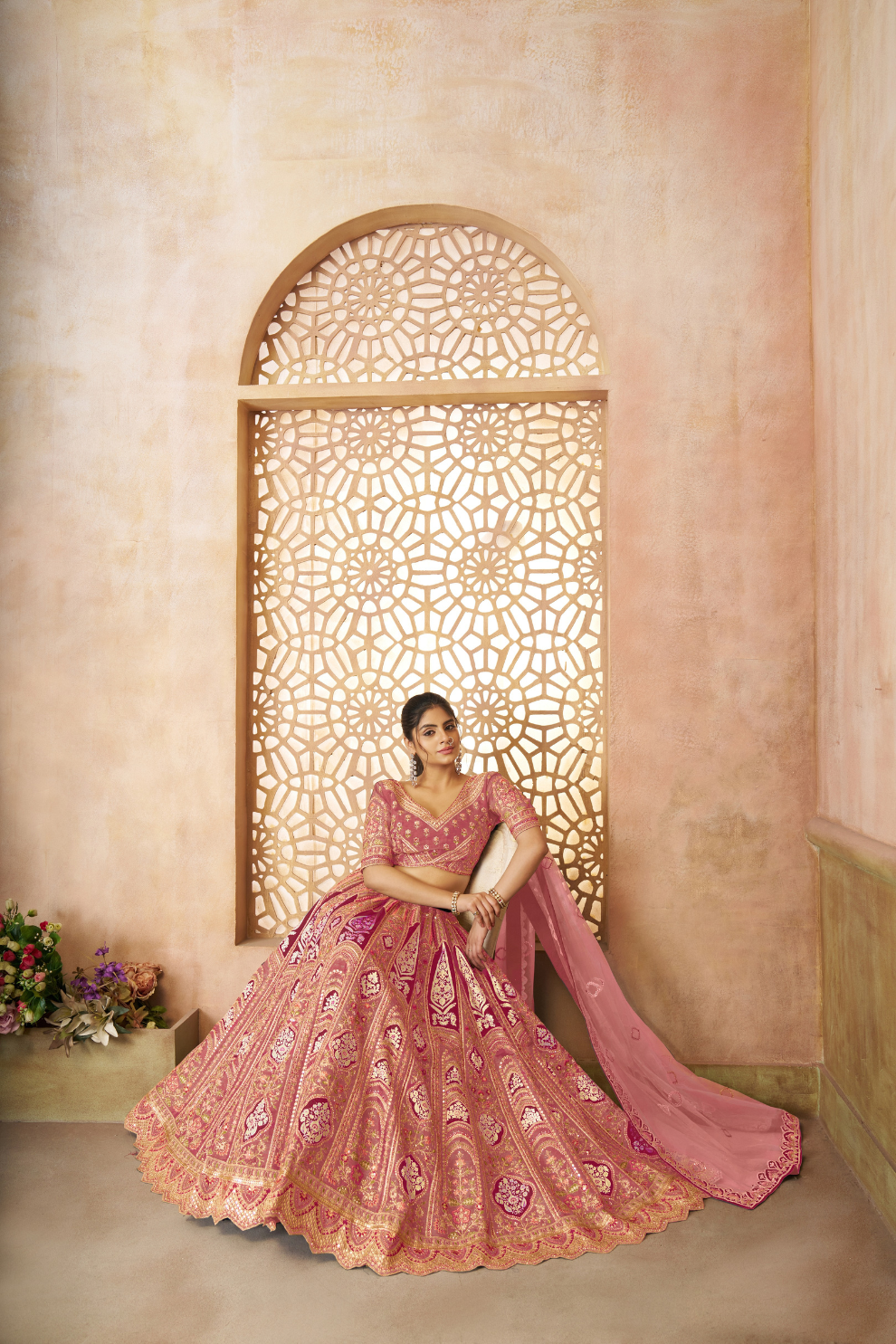 Elegant Wedding Lehenga with Floral Aari Embroidery & Banarasi Accents