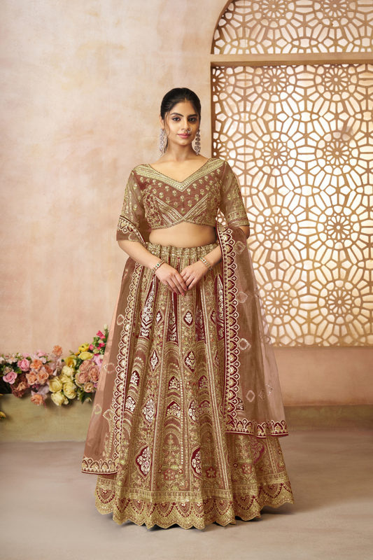 Elegant Wedding Lehenga with Floral Aari Embroidery & Banarasi Accents