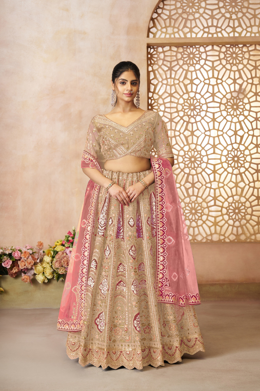Elegant Wedding Lehenga with Floral Aari Embroidery & Banarasi Accents