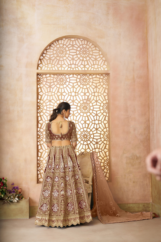 Elegant Wedding Lehenga with Floral Aari Embroidery & Banarasi Accents