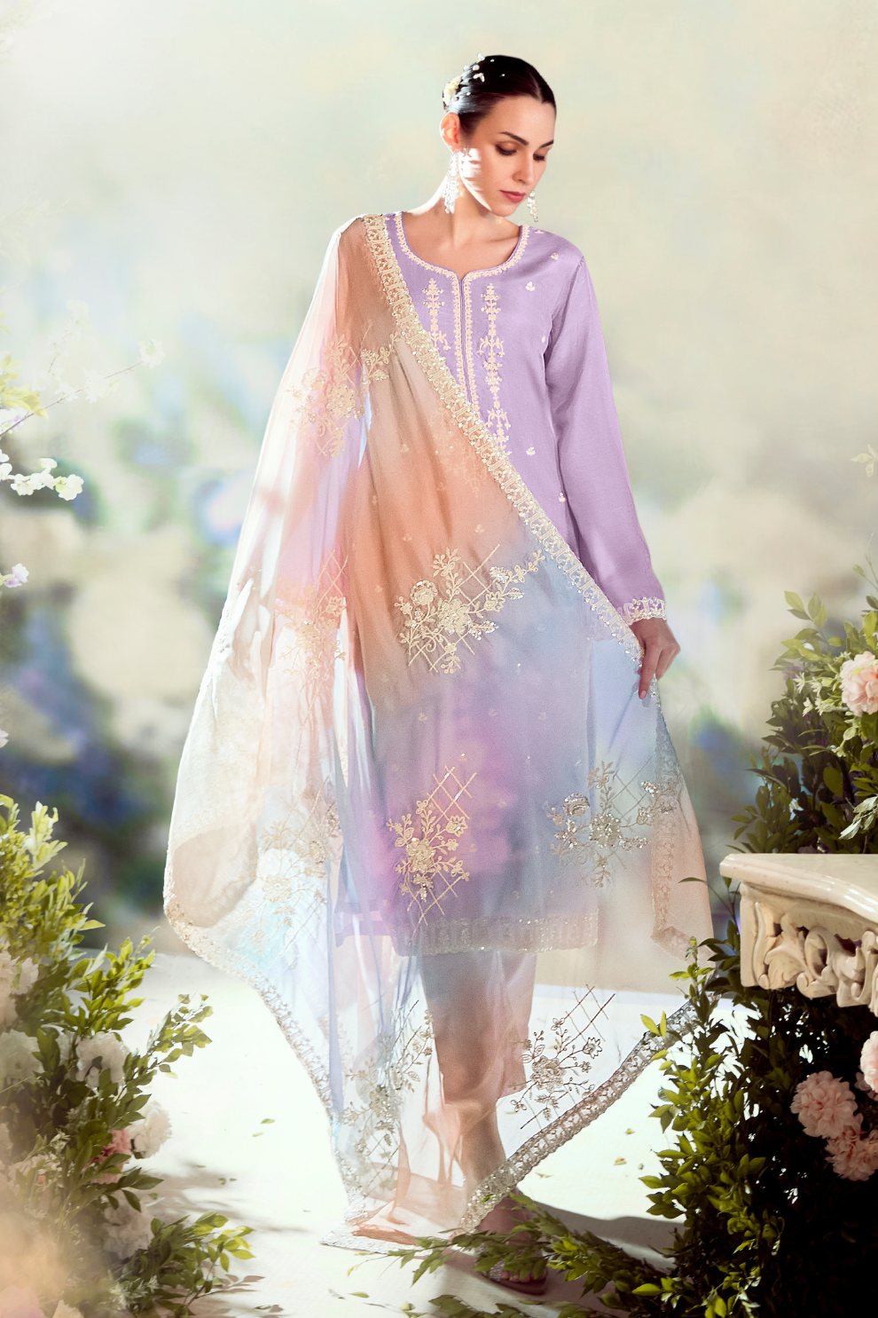 Silk Lilac Party Wear Straight Salwar Suit with Embroidery Work