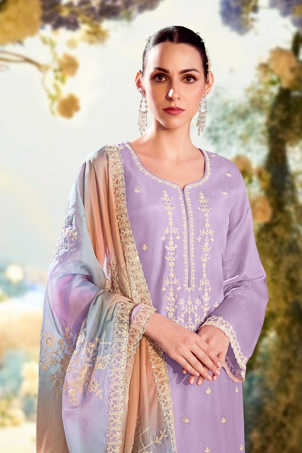 Silk Lilac Party Wear Straight Salwar Suit with Embroidery Work