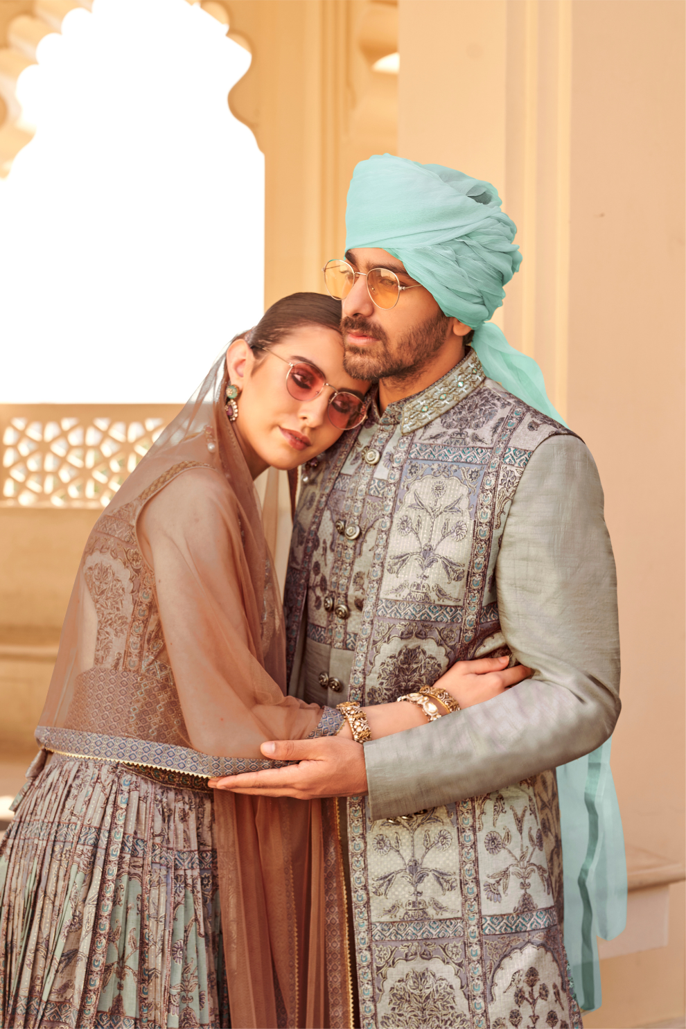 Grey Anarkali Dress and Navy Blue Printed Kurta Set for Couple - LaVante Fashion