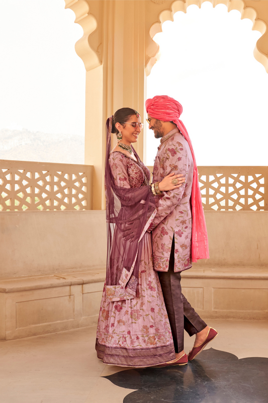Peach Floral Printed Anarkali Dress & Men's Kurta-Coat Set – Couple Outfit - LaVante Fashion
