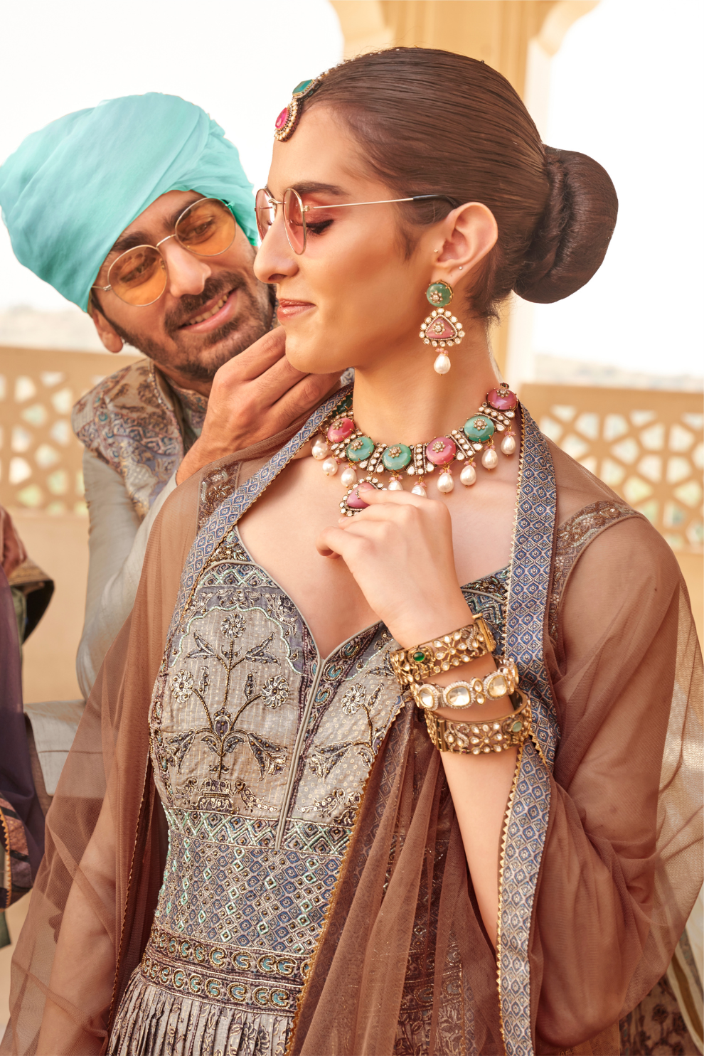 Grey Anarkali Dress and Navy Blue Printed Kurta Set for Couple - LaVante Fashion