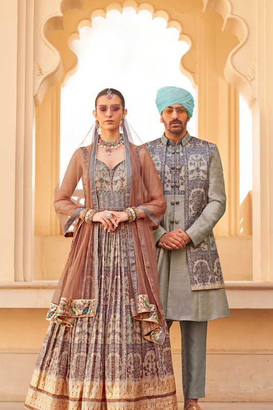 Grey Anarkali Dress and Navy Blue Printed Kurta Set for Couple - LaVante Fashion