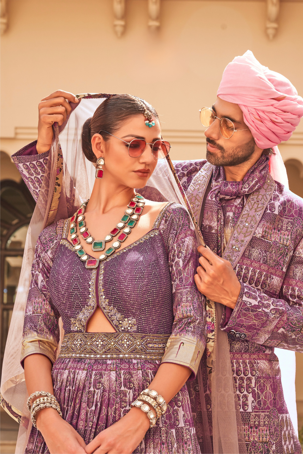 Plum Printed Anarkali Dress & Men's Kurta-Coat Set – Couple Outfit - LaVante Fashion