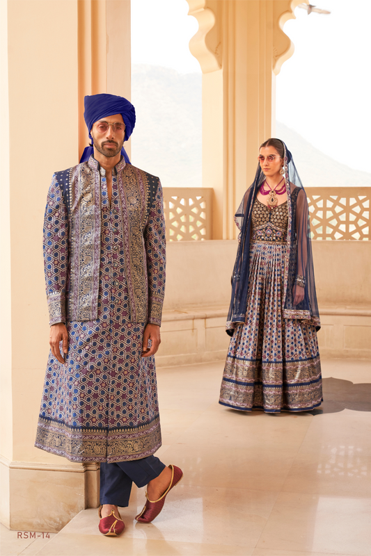 Blue Printed Anarkali Dress & Men's Kurta-Coat Set – Couple Outfit - LaVante Fashion