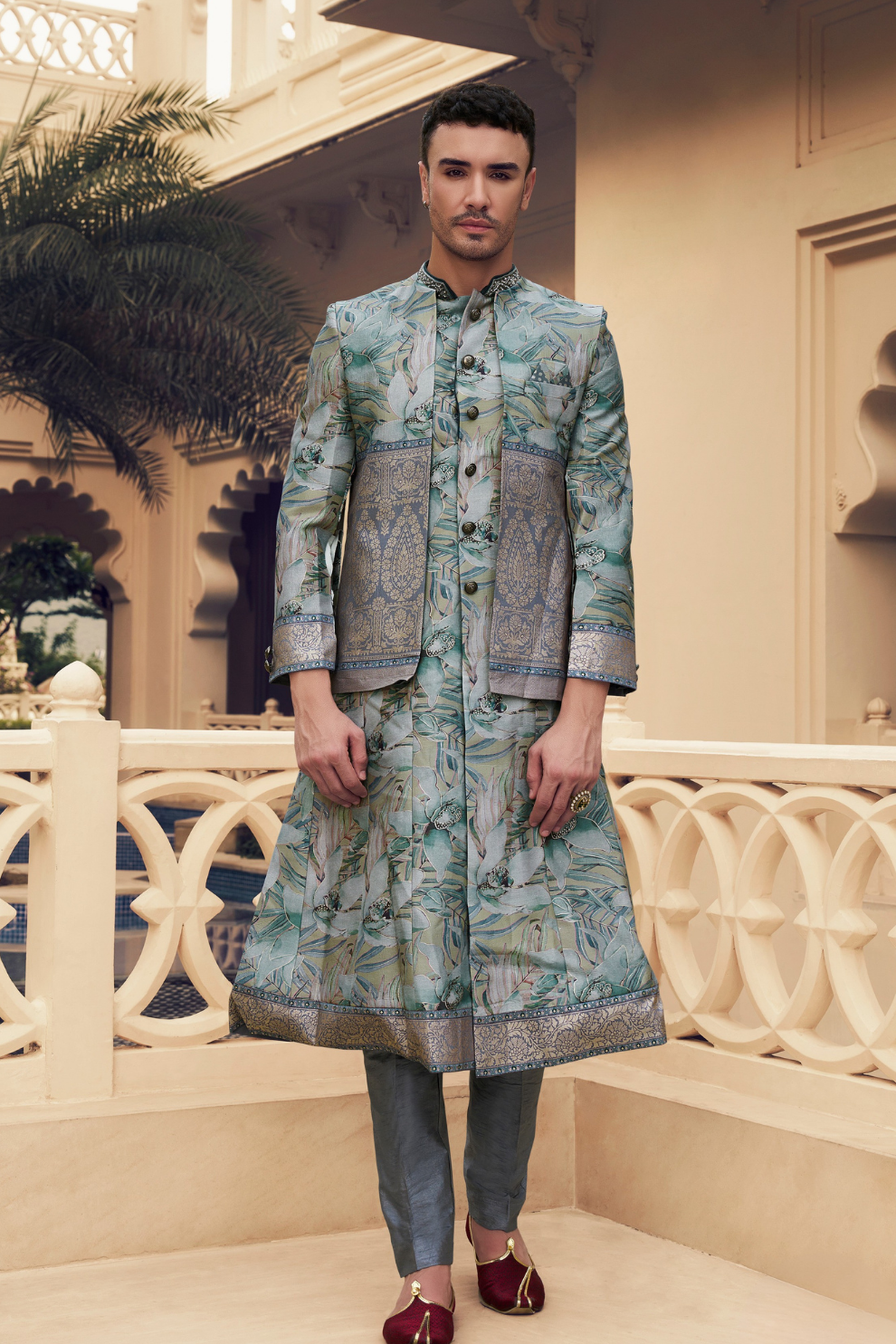 Ethnic Mint Green Printed Skirt & Kurta Jacket Set for Couple - LaVante Fashion