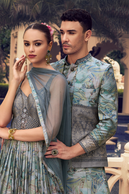 Ethnic Mint Green Printed Skirt & Kurta Jacket Set for Couple - LaVante Fashion