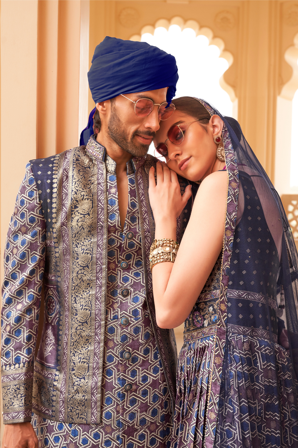 Blue Printed Anarkali Dress & Men's Kurta-Coat Set – Couple Outfit - LaVante Fashion